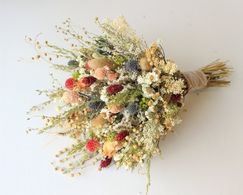 Blue Thistle Burgundy Dried Flowers /Preserved Daisy Flowers Greenery Bouquet /Mix of Blush Peach flowers / Fall Winter Bridal bouquet image 7