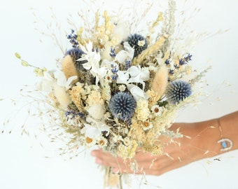 Blue Violet Ivory Dried Flowers Bouquet / Echinops Thistle Dancing Spring Flowers bouquet / Silver grey herbs Rice grass arrangement