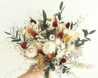 Neutral Rust Orange Meadow Dried Flowers Bouquet with Dark green preserved leaves / Wildflowers Greenery bouquet