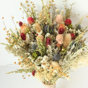 Blue Thistle Burgundy Dried Flowers /Preserved Daisy Flowers Greenery Bouquet /Mix of Blush Peach flowers / Fall Winter Bridal bouquet image 3