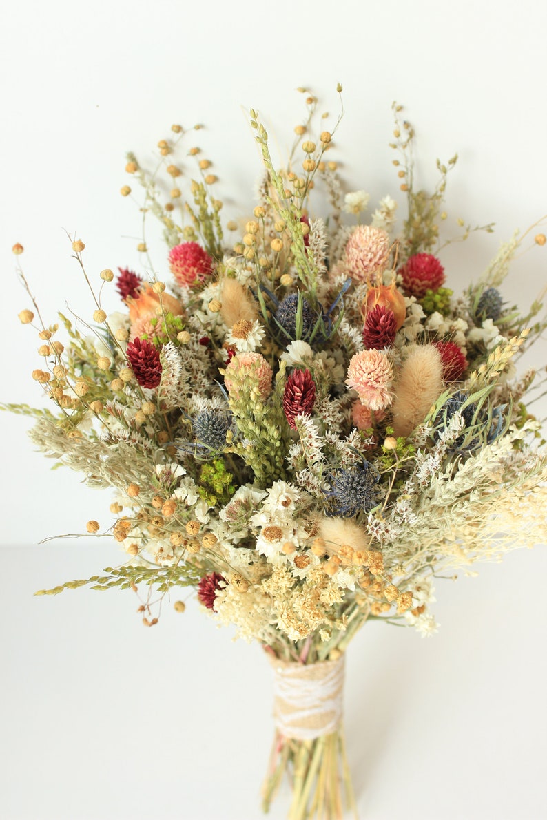 Blue Thistle Burgundy Dried Flowers /Preserved Daisy Flowers Greenery Bouquet /Mix of Blush Peach flowers / Fall Winter Bridal bouquet image 3