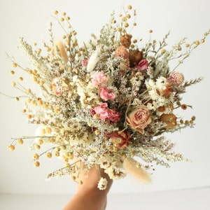 Pink Dream Peach Dried Flowers Bouquet / Preserved Daisy Rose Flowers Bouquet / Wedding Bridal bouquet / Preserved silver grey herbs Natural image 4