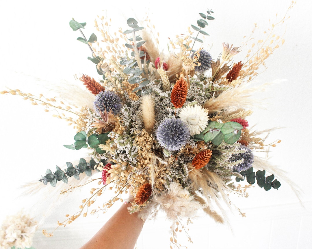 Ranunculus Dried Bridal bouquet / Eucalyptus Dry Flower Wedding, Rusti