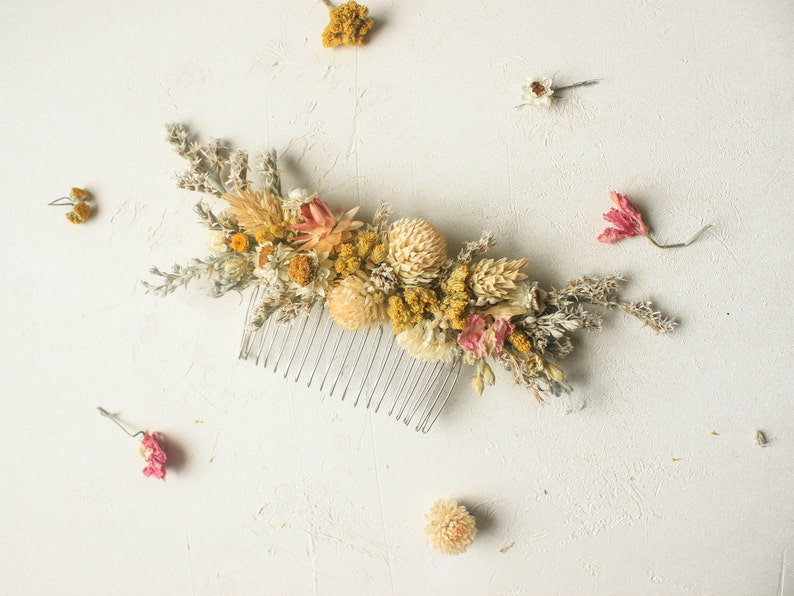 Wild flowers Hair comb / Dry flowers comb / Natural blush comb with yellow-orange flowers accent / Brides Hair Accessories image 5