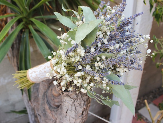 Dried Lavender Bouquet Wedding / Babies Breath Bouquet With Eucalyptus  Leaves / Bridesmaid Bouquet Greenery 