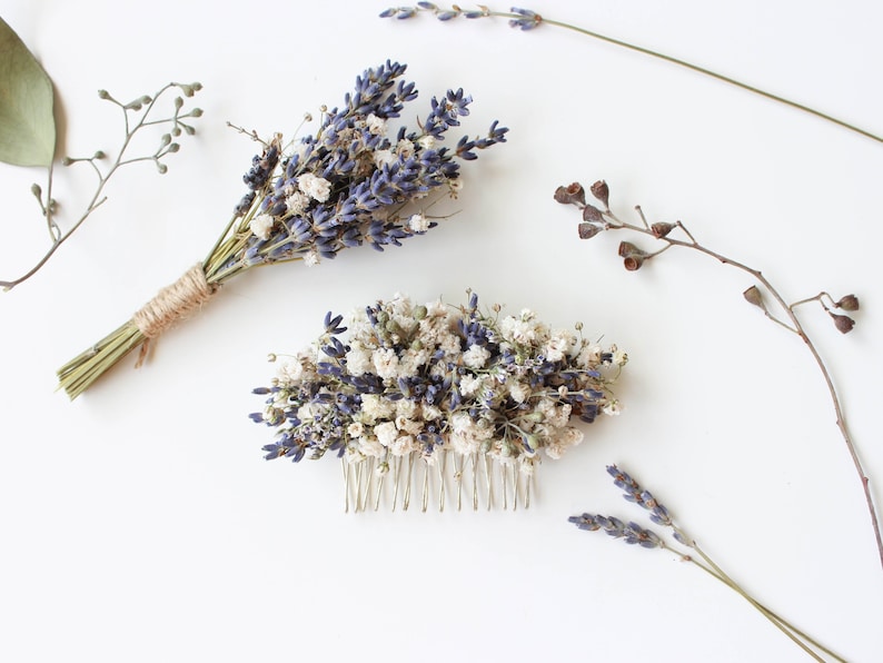 Dried Lavender Babies Breath Hair Comb / Dainty Wedding Floral Comb / Bridal Hair Accessory / Dried Flowers Hair pin clip / Gift for her 