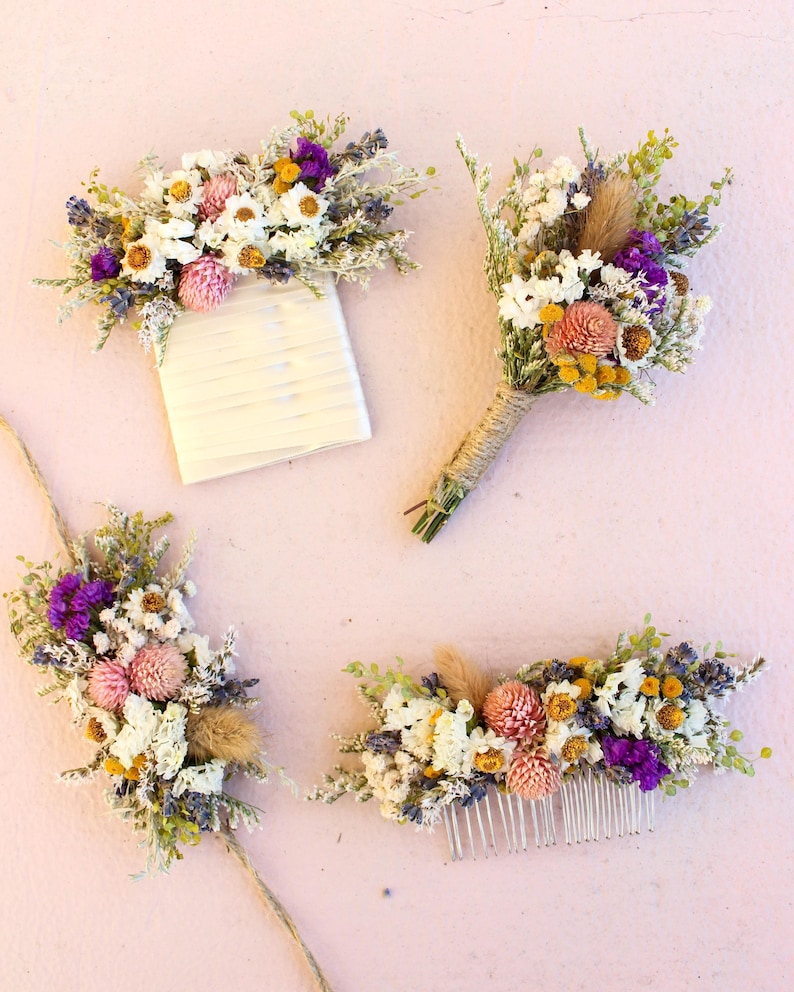 Pink Dream & Purple Wildflowers Bouquet / Spring Summer Bouquet for Wedding / Neutral bouquet with greenery and orange tones image 7