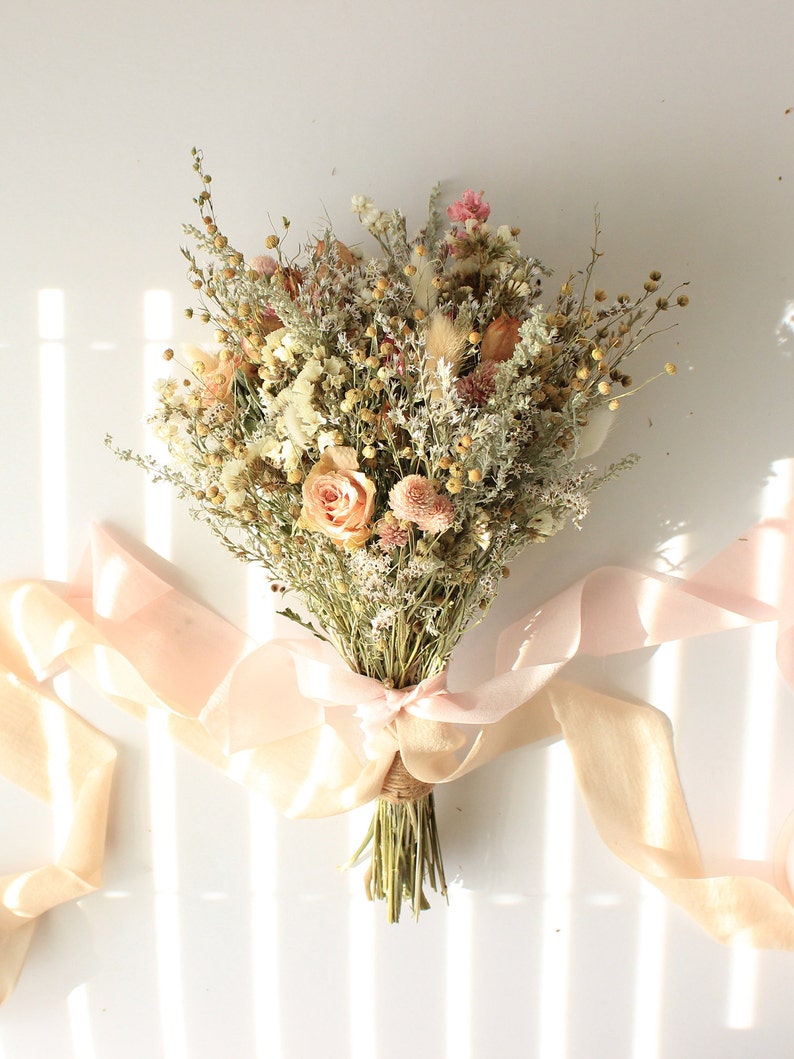 Pink Dream Peach Dried Flowers Bouquet / Preserved Daisy Rose Flowers Bouquet / Wedding Bridal bouquet / Preserved silver grey herbs Natural image 9