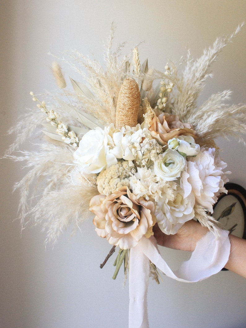 Dusty Rose Pampas Grass bouquet / Large Palm Spear bouquet / Natural Toffee wedding/ Muted earthy tones / Forever Bridal bouquet image 7