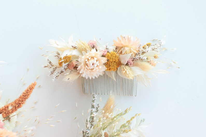 Blush Flowers Hair Comb / Natural Bridal Hair Accessory / Dry Flowers Silver comb / Bridal Hair comb / White Ivory orange tones image 1
