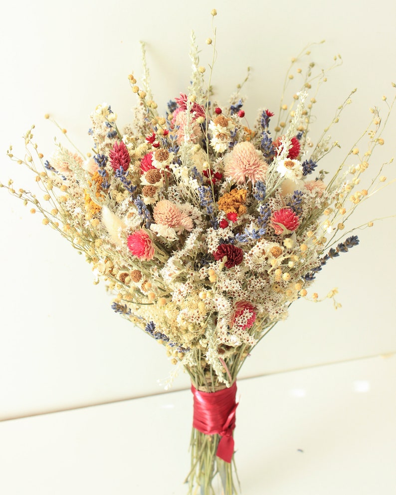 Burgundy Dream Lavender Dried Flowers Bouquet Preserved Daisy Rose Flowers Bouquet Colorful Yellow Yarrow Fall Winter Bridal bouquet