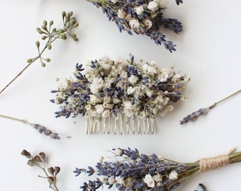 Dried Lavender Babies Breath Hair Comb / Dainty Wedding Floral Comb / Bridal Hair Accessory / Dried Flowers Hair pin clip / Gift for her