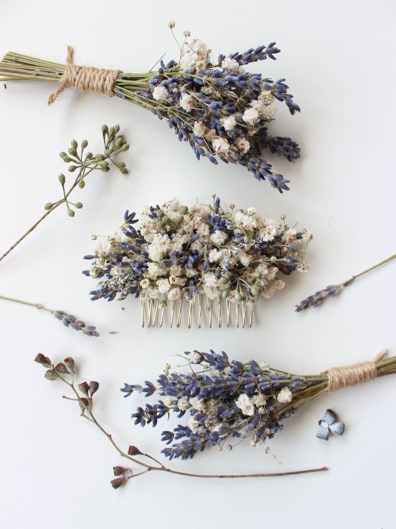 Dried Lavender Babies Breath Hair Comb / Dainty Wedding Floral Comb / Bridal Hair Accessory / Dried Flowers Hair pin clip / Gift for her image 3