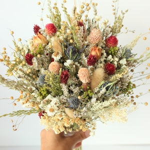 Blue Thistle Burgundy Dried Flowers /Preserved Daisy Flowers Greenery Bouquet /Mix of Blush Peach flowers / Fall Winter Bridal bouquet image 2