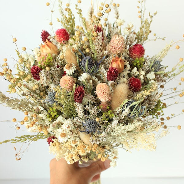 Blue Thistle Burgundy Dried Flowers /Preserved Daisy Flowers Greenery Bouquet /Mix of Blush Peach flowers / Wedding Bridal bouquet