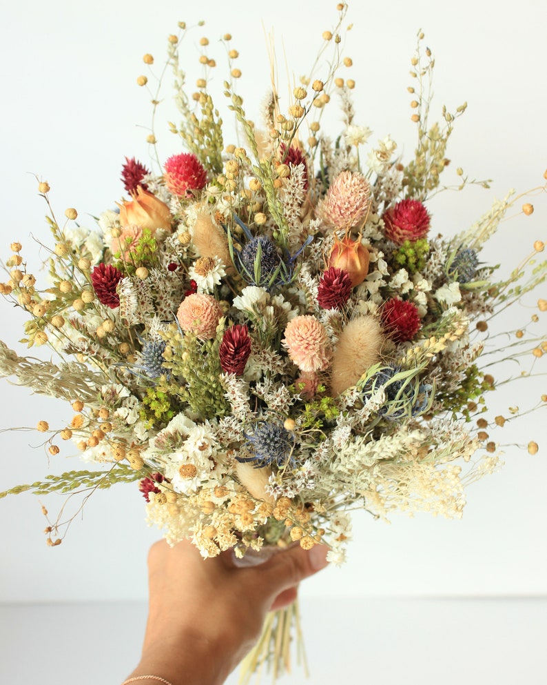 Blue Thistle Burgundy Dried Flowers /Preserved Daisy Flowers Greenery Bouquet /Mix of Blush Peach flowers / Fall Winter Bridal bouquet image 4