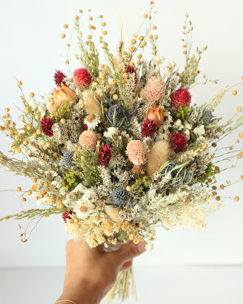 Blue Thistle Burgundy Dried Flowers /Preserved Daisy Flowers Greenery Bouquet /Mix of Blush Peach flowers / Wedding Bridal bouquet