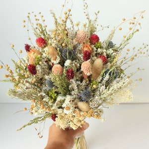 Blue Thistle Burgundy Dried Flowers /Preserved Daisy Flowers Greenery Bouquet /Mix of Blush Peach flowers / Fall Winter Bridal bouquet image 9