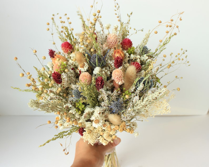Blue Thistle Burgundy Dried Flowers /Preserved Daisy Flowers Greenery Bouquet /Mix of Blush Peach flowers / Fall Winter Bridal bouquet image 9