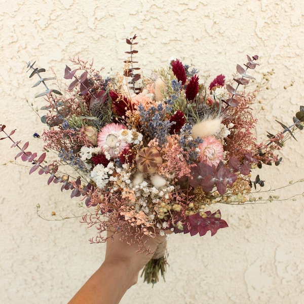 Staubblauer Distel |Pampasgras Strauß | Getrockneter Blumenstrauß Hochzeit | Boho Rustikal Terrakotta & Eukalyptus Dekoration