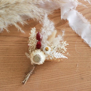 Dried flowers boutonniere with Neutrals + burgundy tone / Pin on corsage