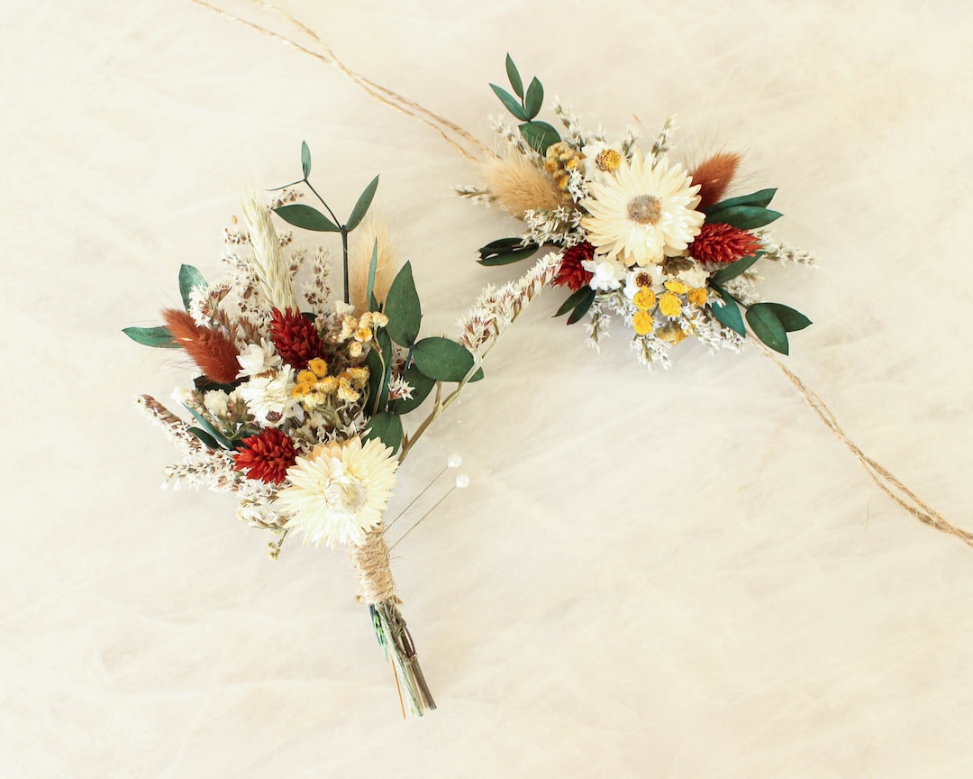 Neutral Rust Dried Flower Corsage Set: Wrist Corsage & Boutonniere - Etsy