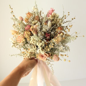 Pink Dream Peach Dried Flowers Bouquet / Preserved Daisy Rose Flowers Bouquet / Wedding Bridal bouquet / Preserved silver grey herbs Natural image 10