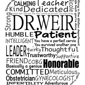 May include: A black and white graphic with the name "DR. WEIR" in large letters, surrounded by words like "Mentor," "Calming," "Leader," and "Passionate." The design is a word cloud, with various fonts and sizes.
