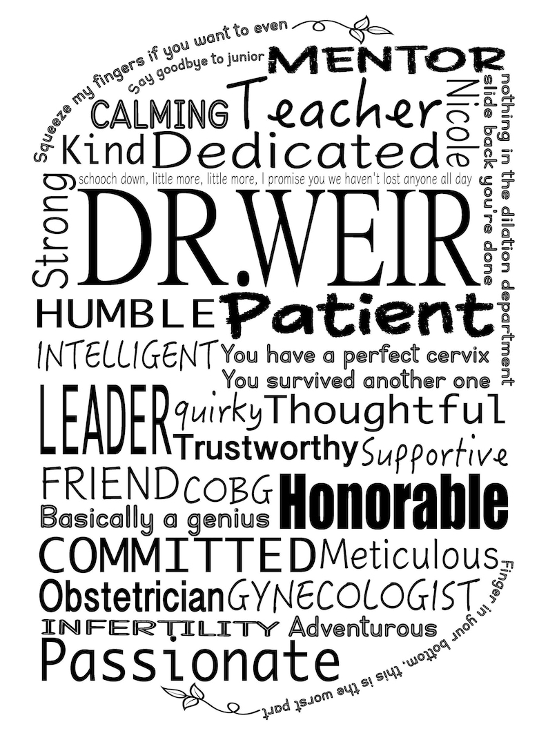 May include: A black and white graphic with the name "DR. WEIR" in large letters, surrounded by words like "Mentor," "Calming," "Leader," and "Passionate." The design is a word cloud, with various fonts and sizes.