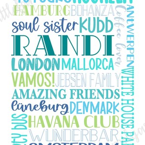 May include: A white print featuring a collection of words in various shades of blue and green. The word "RANDI" is prominently displayed, surrounded by words like "LONDON," "AMSTERDAM," and "HAVANA CLUB."