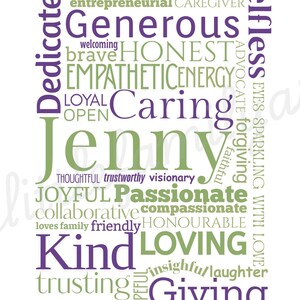 May include: A white background with the name "Jenny" in large green letters, surrounded by words like "Kind", "Loving", and "Giving" in purple and green. The design is a word cloud.