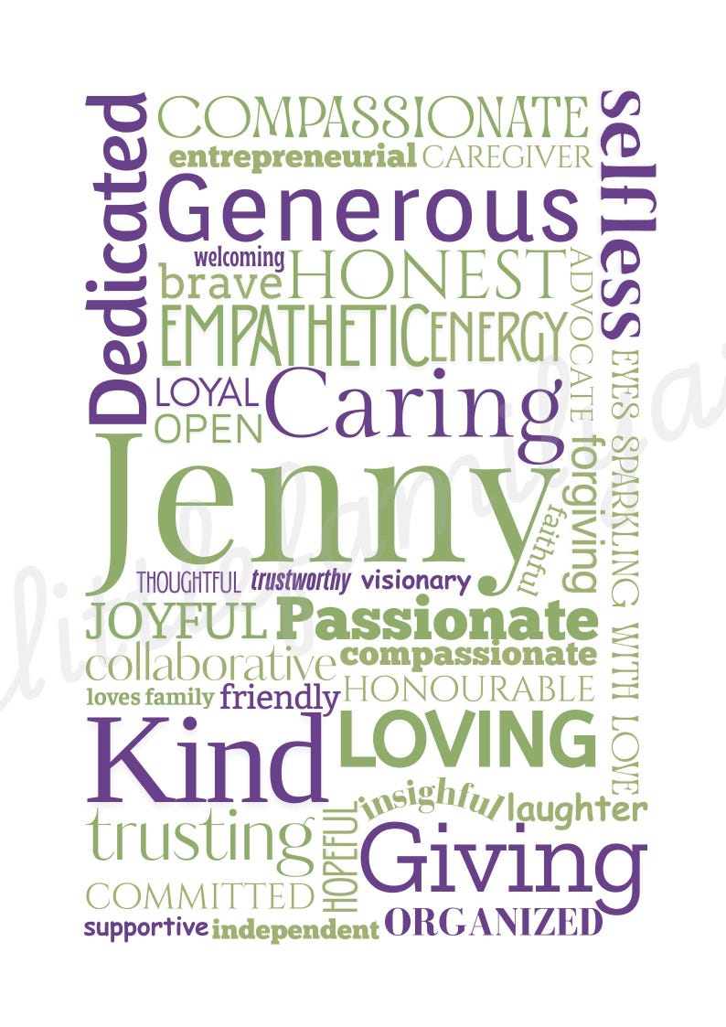 May include: A white background with the name "Jenny" in large green letters, surrounded by words like "Kind", "Loving", and "Giving" in purple and green. The design is a word cloud.