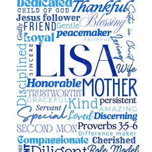 May include: A white background features a blue and light blue word cloud. The name "LISA" is prominent, surrounded by words like "Mother," "Kind," "Loyal," and "Thankful." Other words include "Humble," "Dedicated," and "Compassionate."
