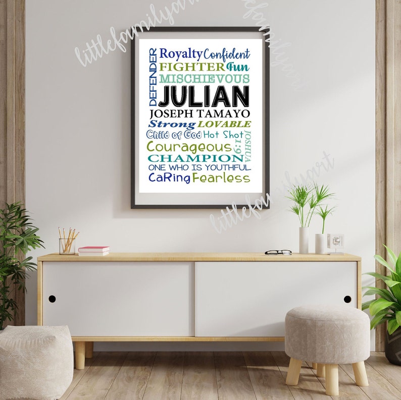 May include: A framed print with the name "JULIAN" in large, bold letters. The print features words like "Confident," "Strong," and "Champion" in various fonts and colors, creating a personalized art piece. The artwork is displayed on a white cabinet.