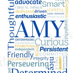 May include: A white background features the name "AMY" in large blue letters, surrounded by words like "passionate," "determined," and "friendly" in various fonts and colors. The overall design is a word cloud.