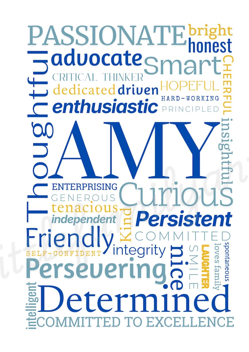May include: A white background features the name "AMY" in large blue letters, surrounded by words like "passionate," "determined," and "friendly" in various fonts and colors. The overall design is a word cloud.