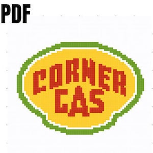 May include: A yellow oval with a green outline, containing the text "CORNER GAS" in red and white letters.