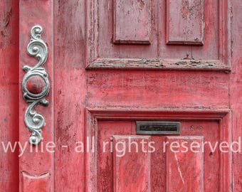 Red Door in Lisbon fine art print, wall decor, Portugal color photograph, weathered wood