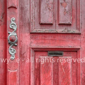 Red Door in Lisbon fine art print, wall decor, Portugal color photograph, weathered wood