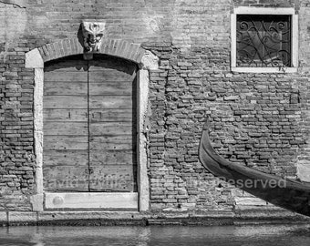 Venice Door and Gondola print, Italian scene, large wall art, gondola photograph, brick and wood textures, black and white