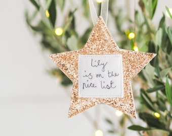 Personalised Nice List sparkly star decorations,