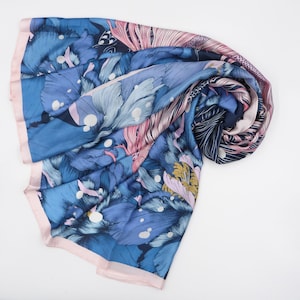 Luxurious Silk Feeling Scarf Golden Fish And floral Pattern Print Scarves