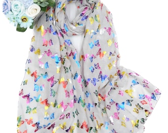 Rainbow Butterfly Print Ladies Celebrity Style Scarves Scarf Wrap