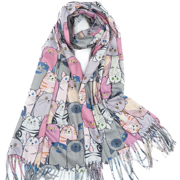 Cute Cat  Print Cashmere Blend Shawl Wrap Scarf For Women For Autumn Winter