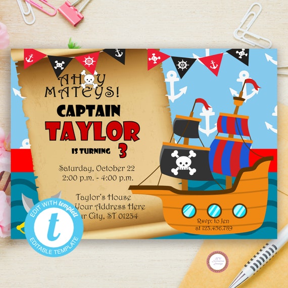 Digital Printable Pirate Birthday Invitation Pirate Party Etsy