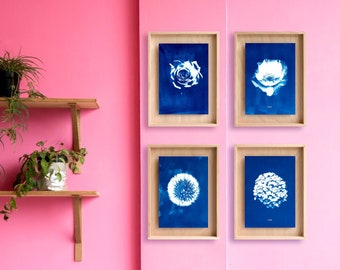 Cyanotype, Wooden frame, flowers, cloud or water, Wall art, original cyanotype, Handmade gifts, Original artwork