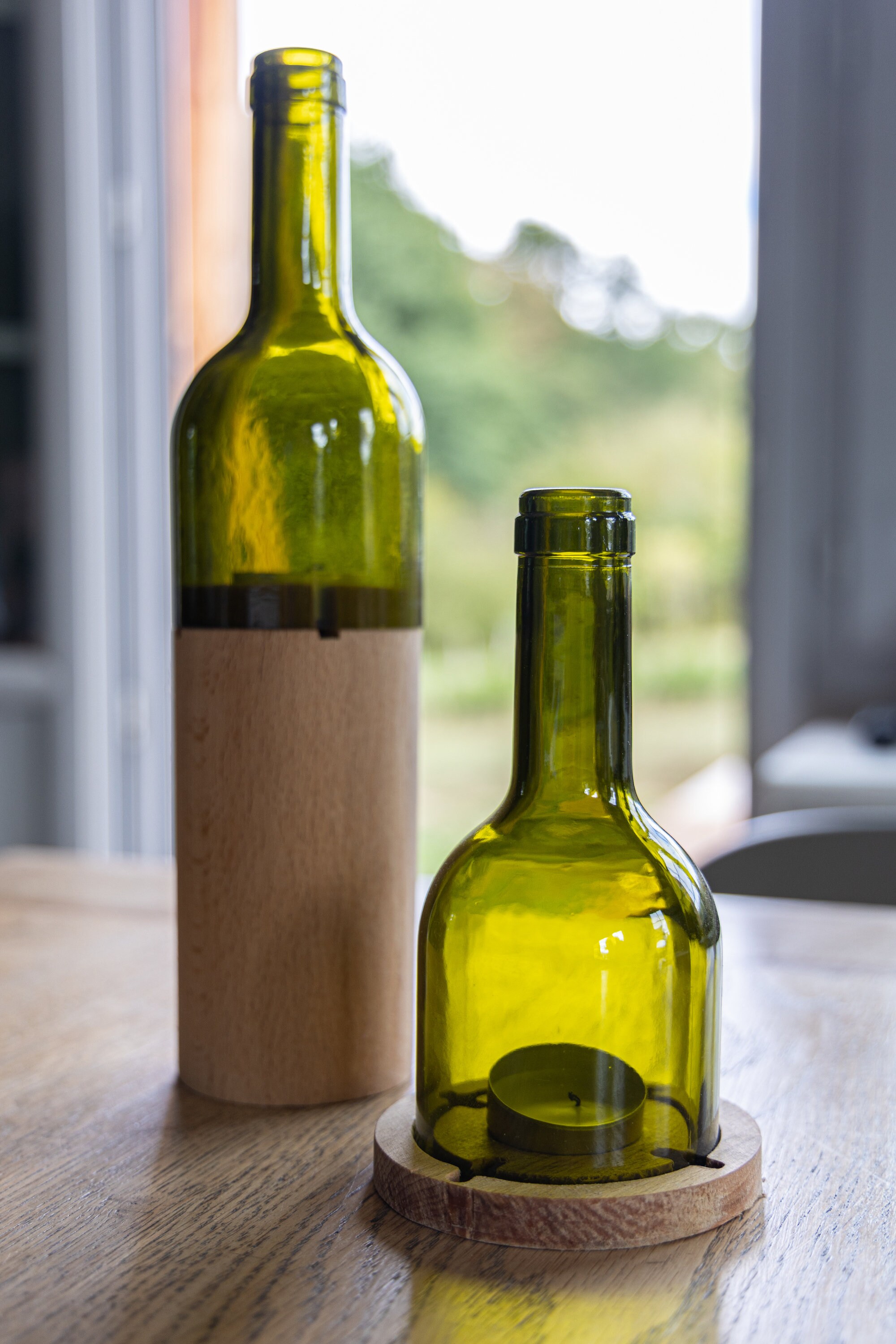 Large Wine Bottle Candle Holder With Wooden Base Etsy