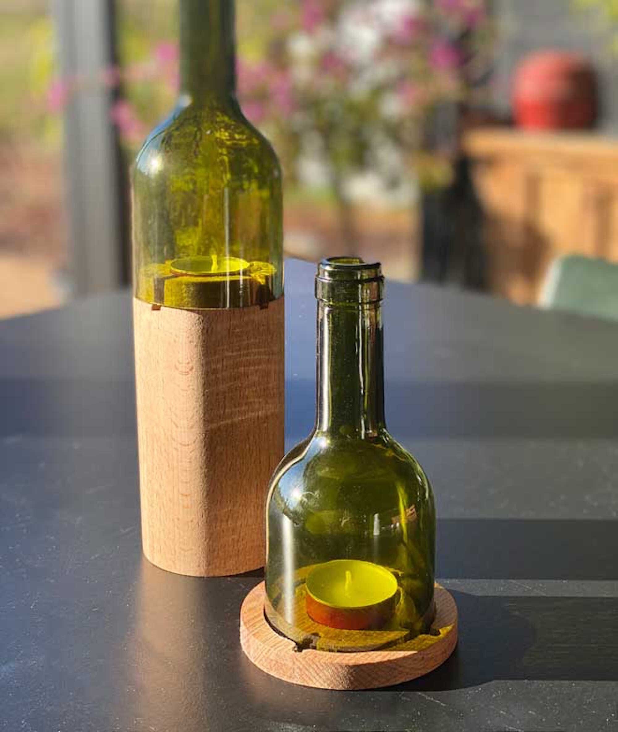 Bougeoir Bouteille de Vin avec Socle en Bois, Grand ou Petit, Photophore, Upcycling
