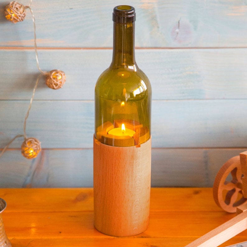 Large Wine Bottle Candle Holder With Wooden Base Etsy