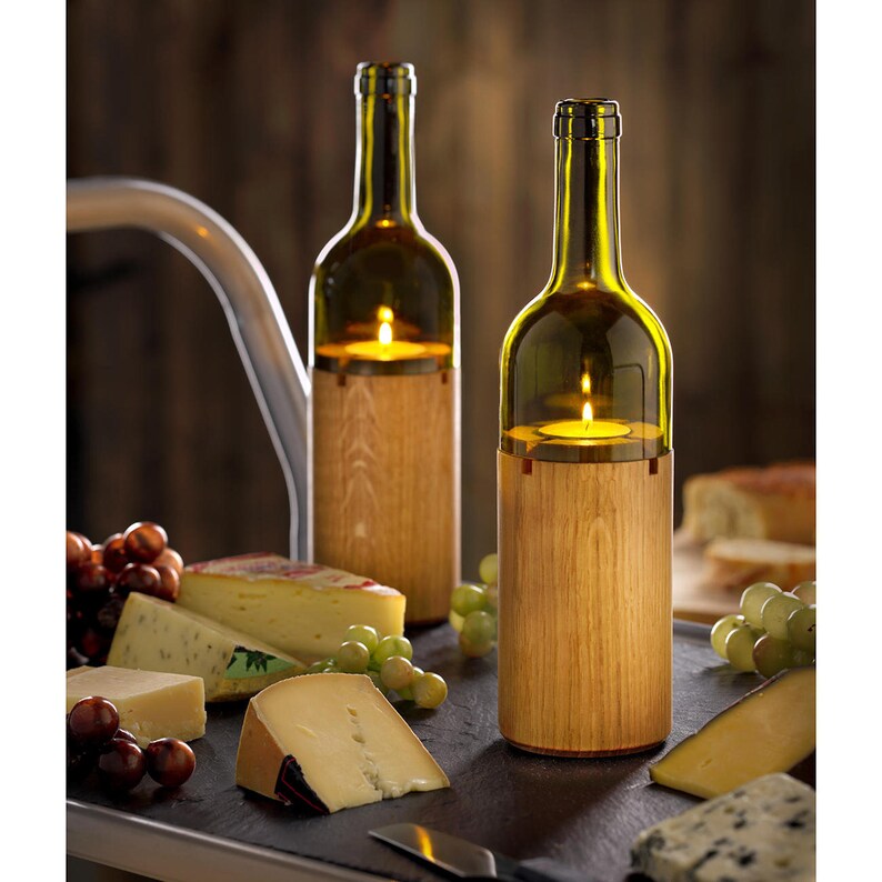 Large Wine Bottle Candle Holder With Wooden Base Etsy